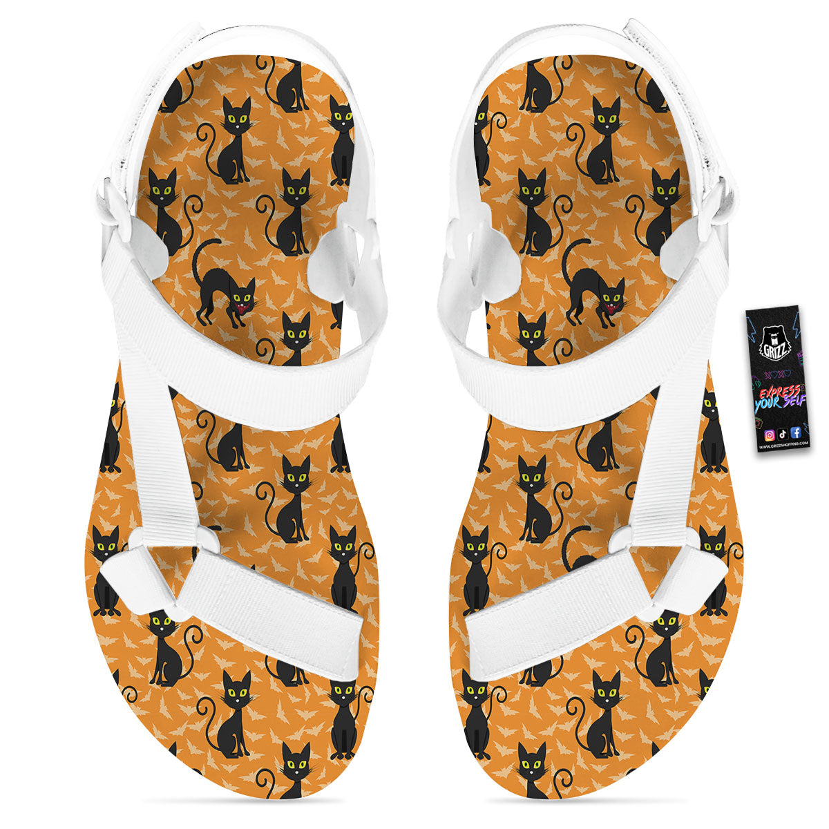 Black Cat Halloween Print Pattern White Open Toe Sandals-grizzshop