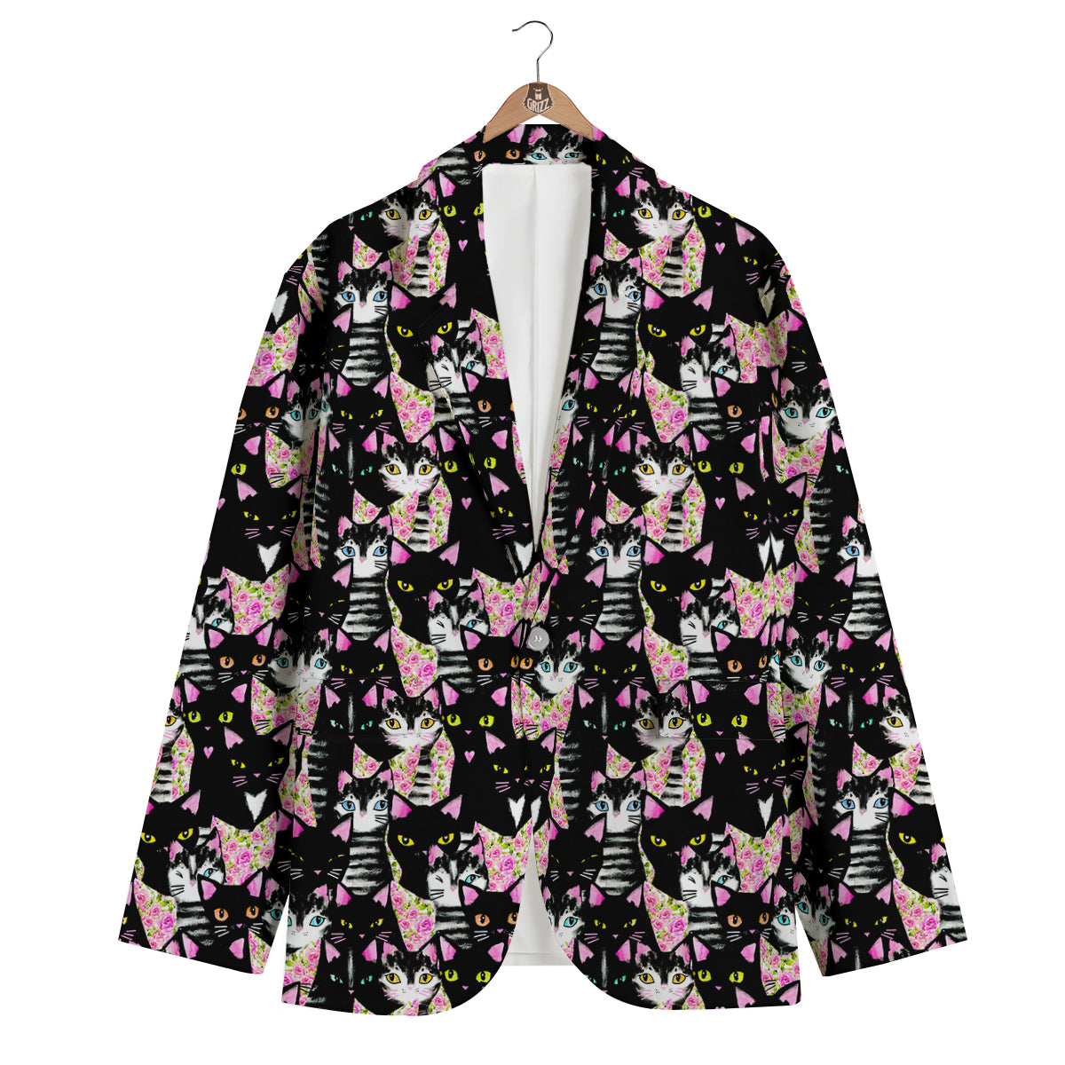 Black Cat Pattern Print Men's Blazer-grizzshop