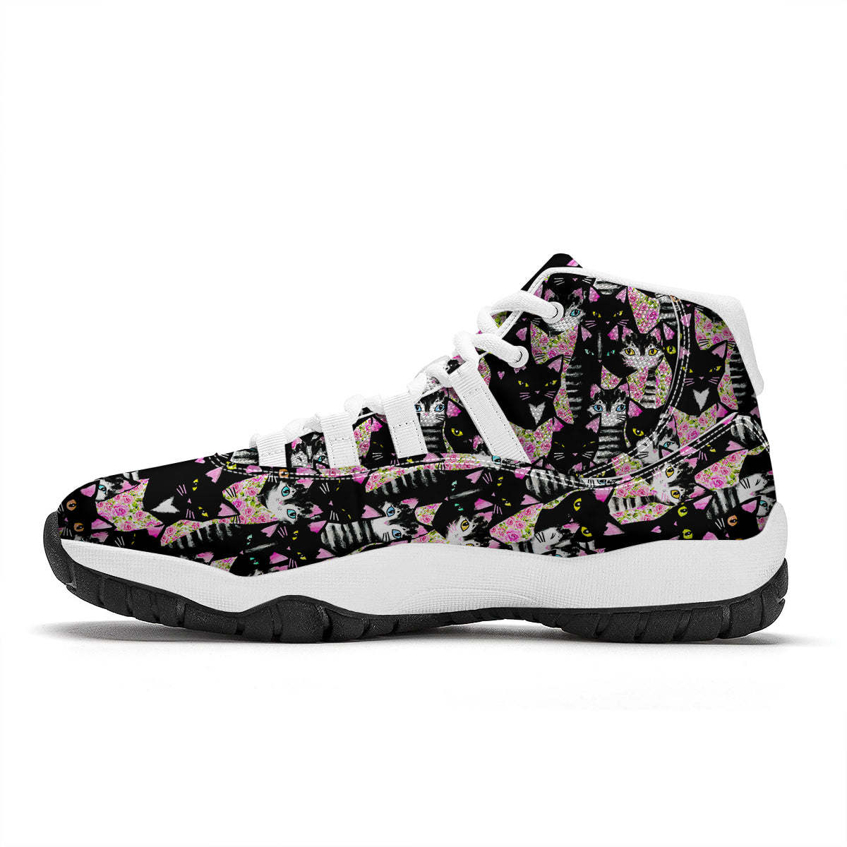 Black Cat Pattern Print White Bball Shoes-grizzshop