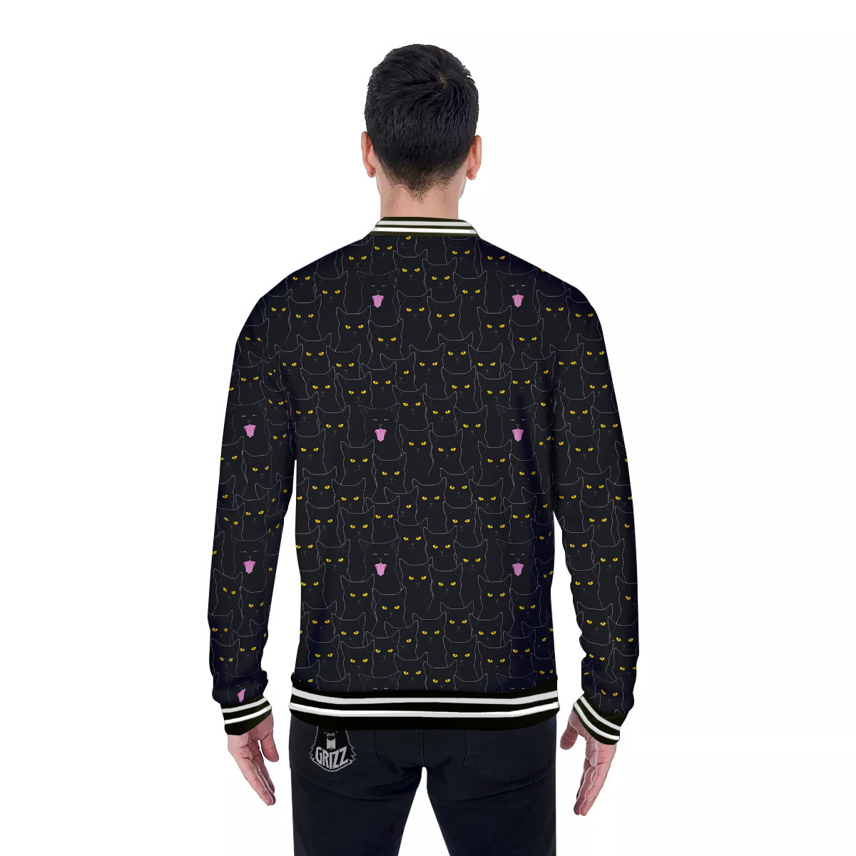 Black Cats Eyes Yellow Print Pattern Baseball Jacket-grizzshop