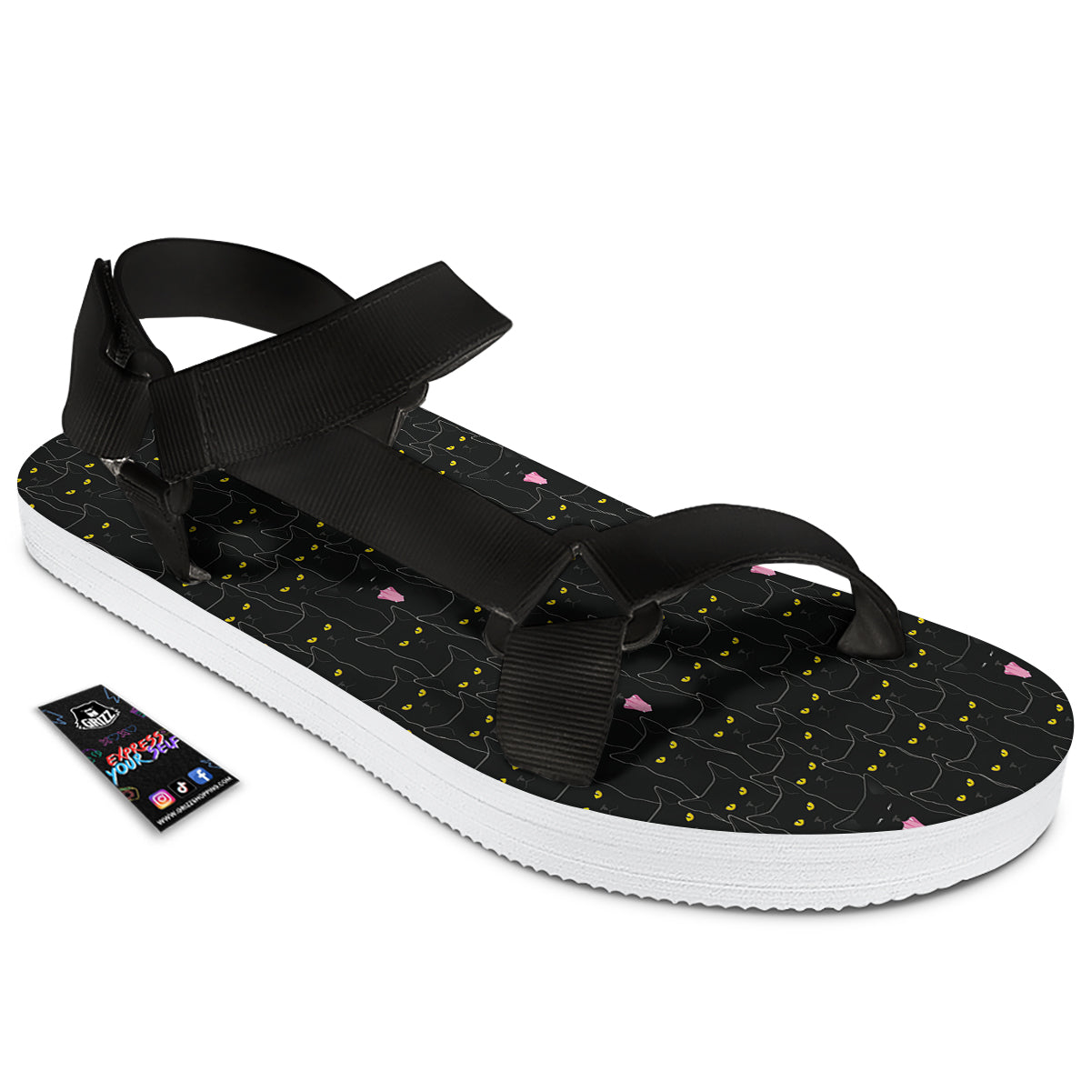 Black Cats Eyes Yellow Print Pattern Black Open Toe Sandals-grizzshop