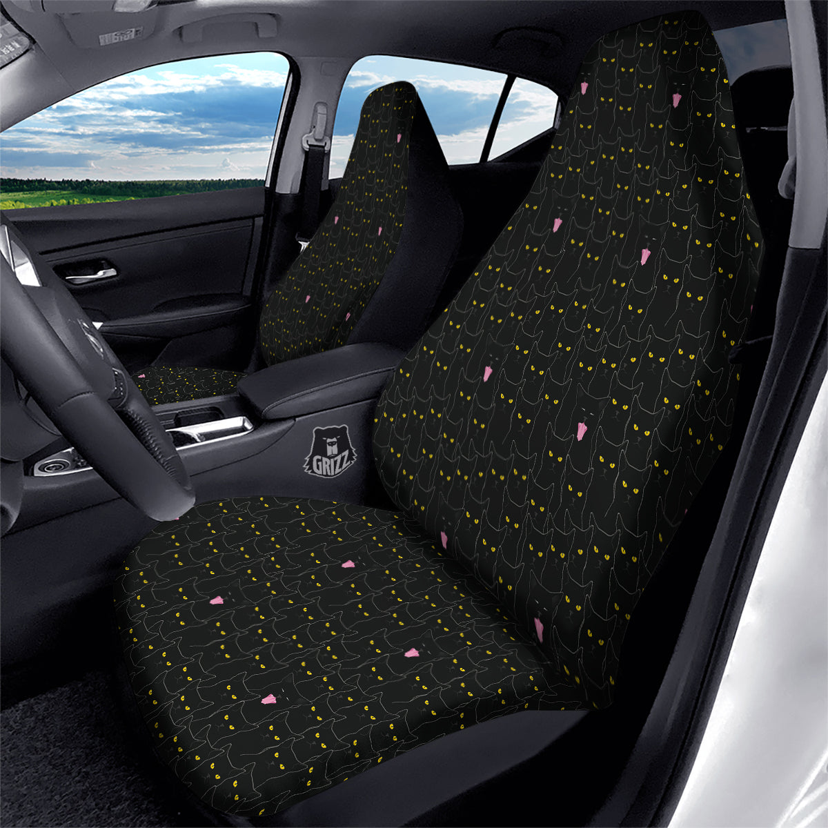 Black Cats Eyes Yellow Print Pattern Car Seat Covers-grizzshop