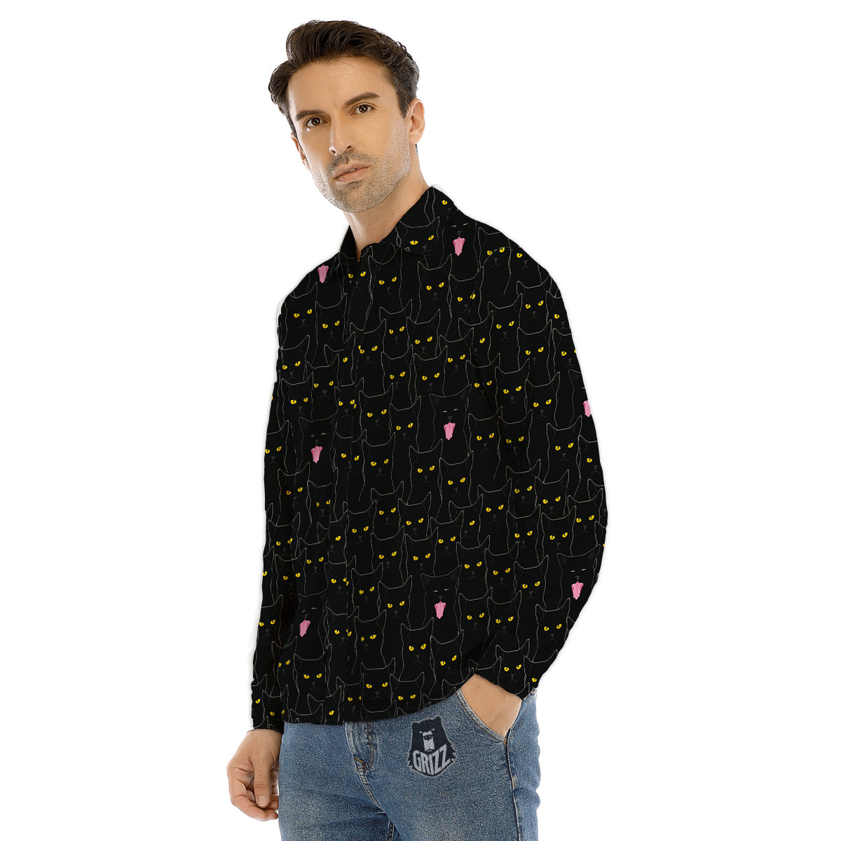 Black Cats Eyes Yellow Print Pattern Men's Dress Shirts-grizzshop