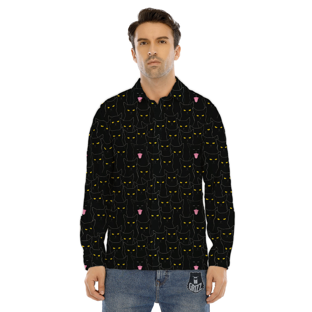 Black Cats Eyes Yellow Print Pattern Men's Dress Shirts-grizzshop