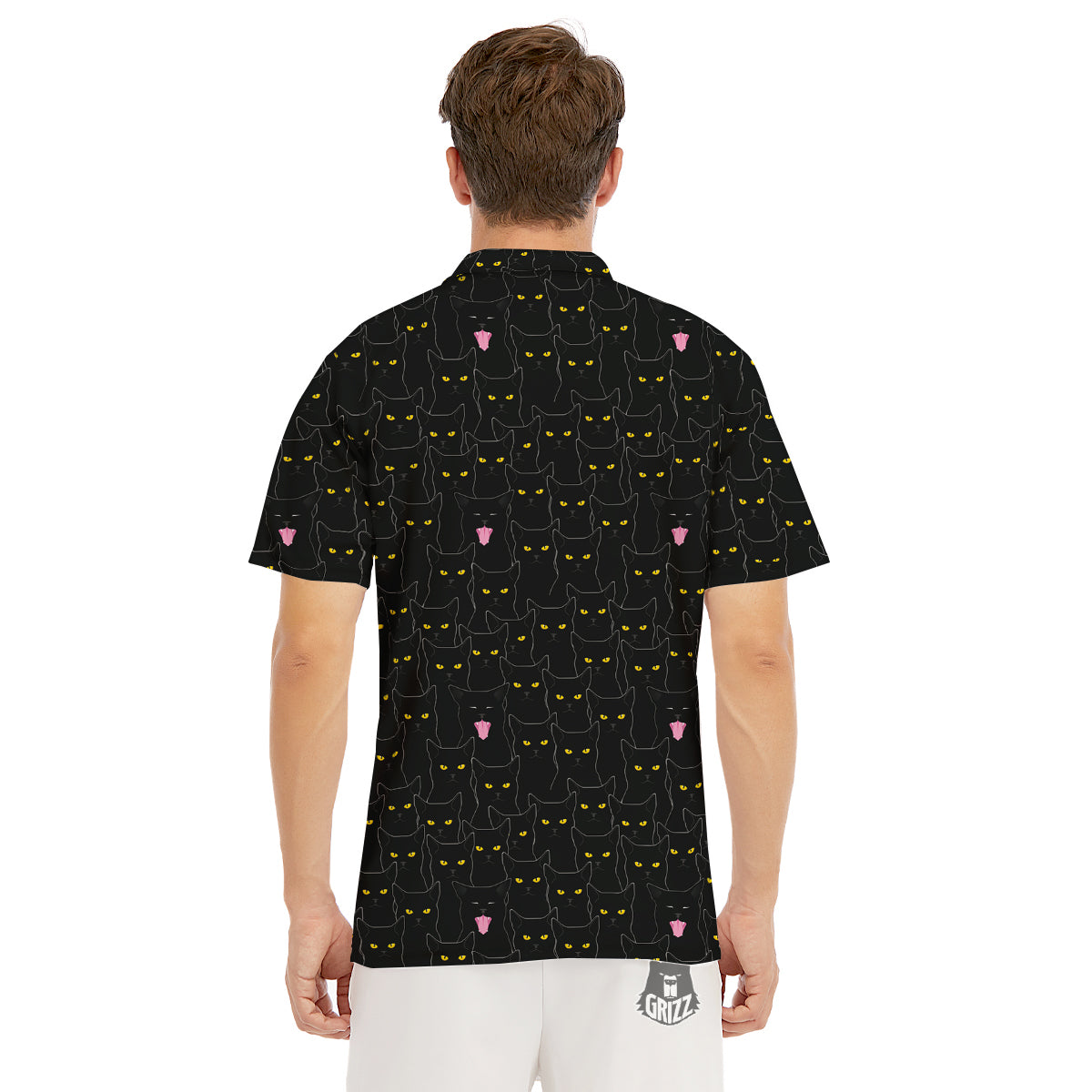 Black Cats Eyes Yellow Print Pattern Men's Golf Shirts-grizzshop