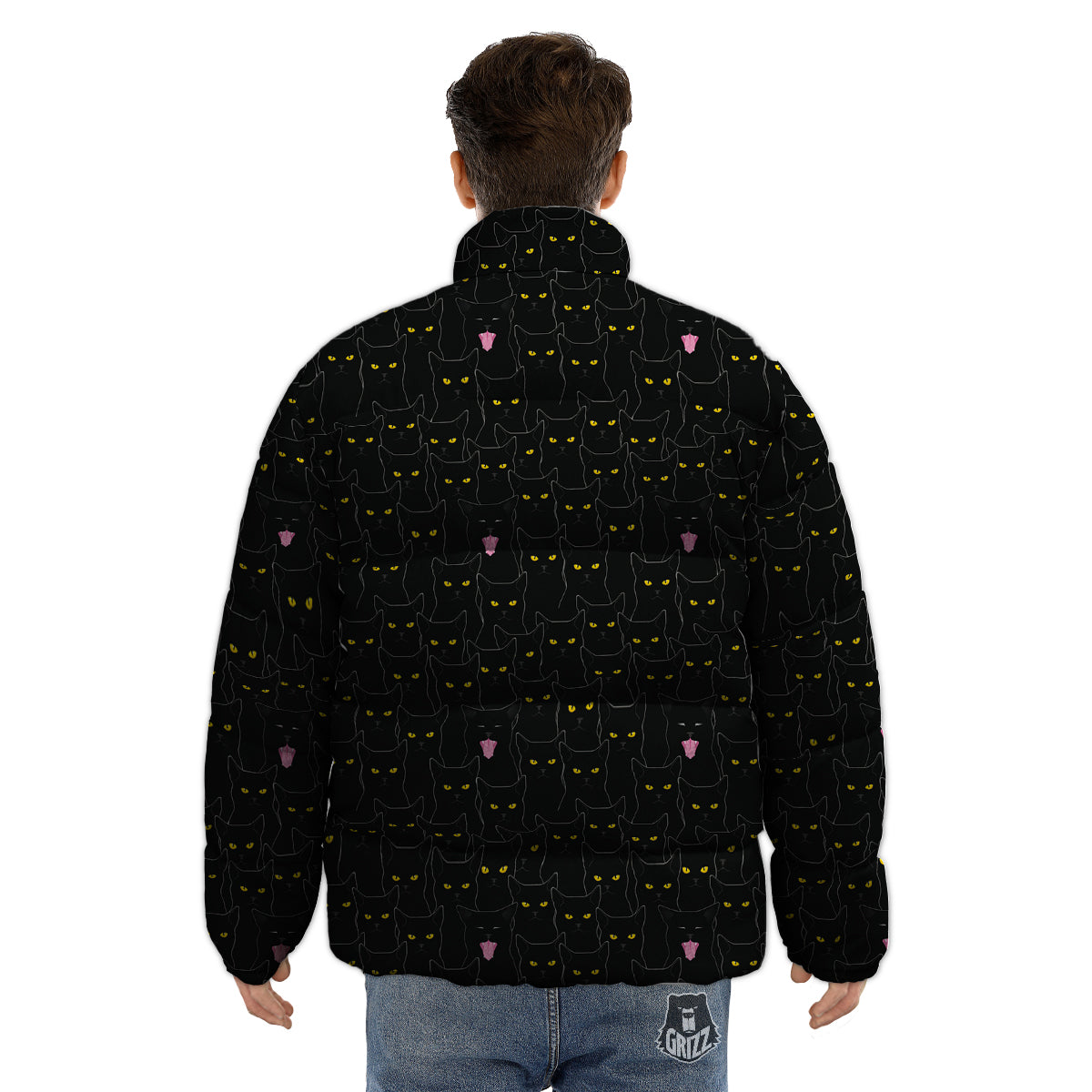 Black Cats Eyes Yellow Print Pattern Puffer Jacket-grizzshop