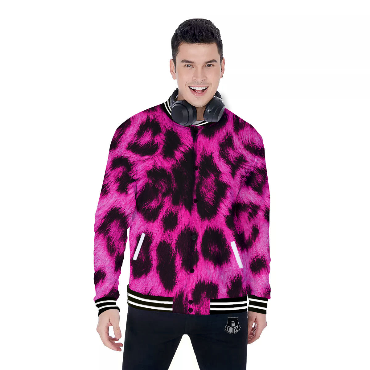 Black Cheetah And Hot Pink Print Baseball Jacket-grizzshop