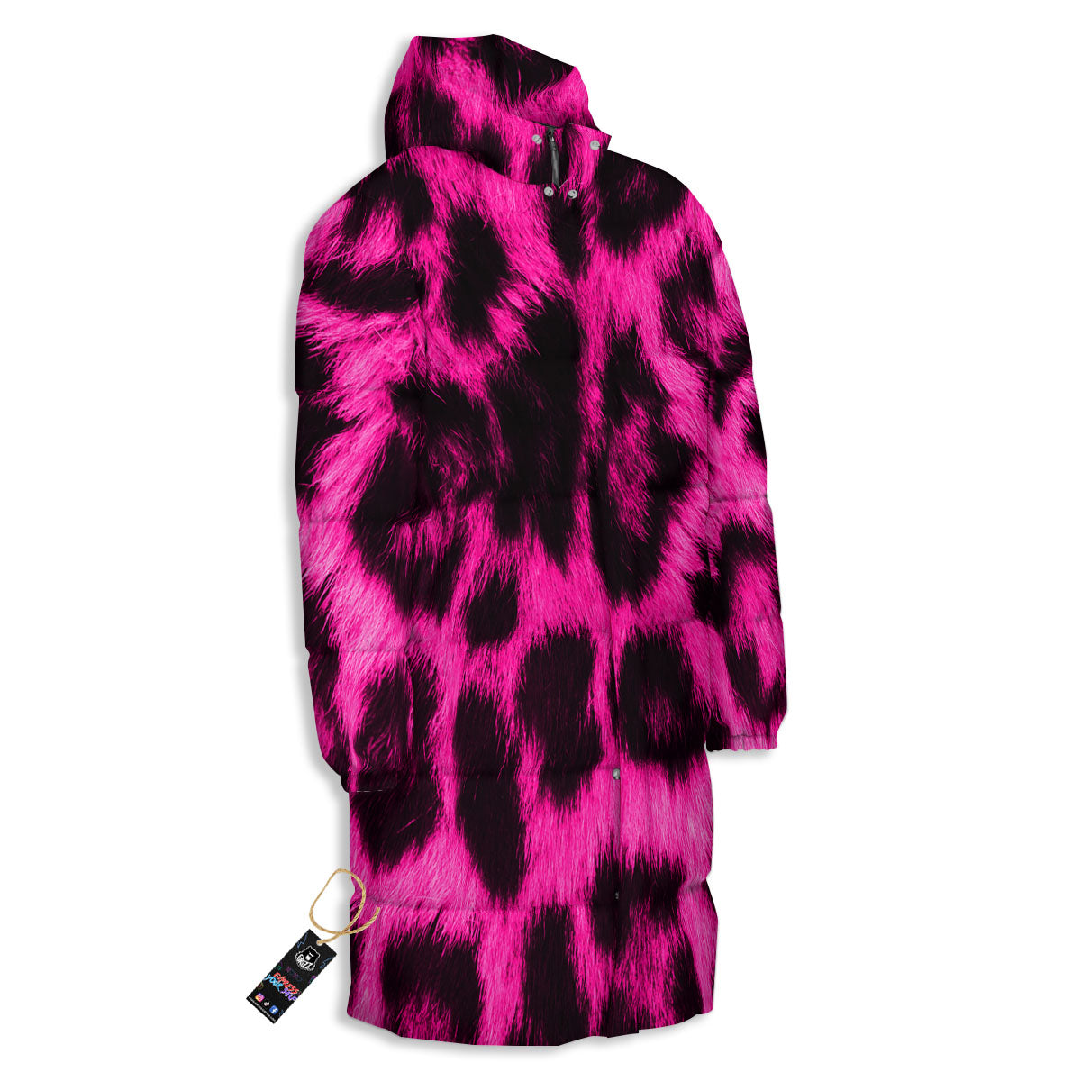 Black Cheetah And Hot Pink Print Long Down Jacket-grizzshop