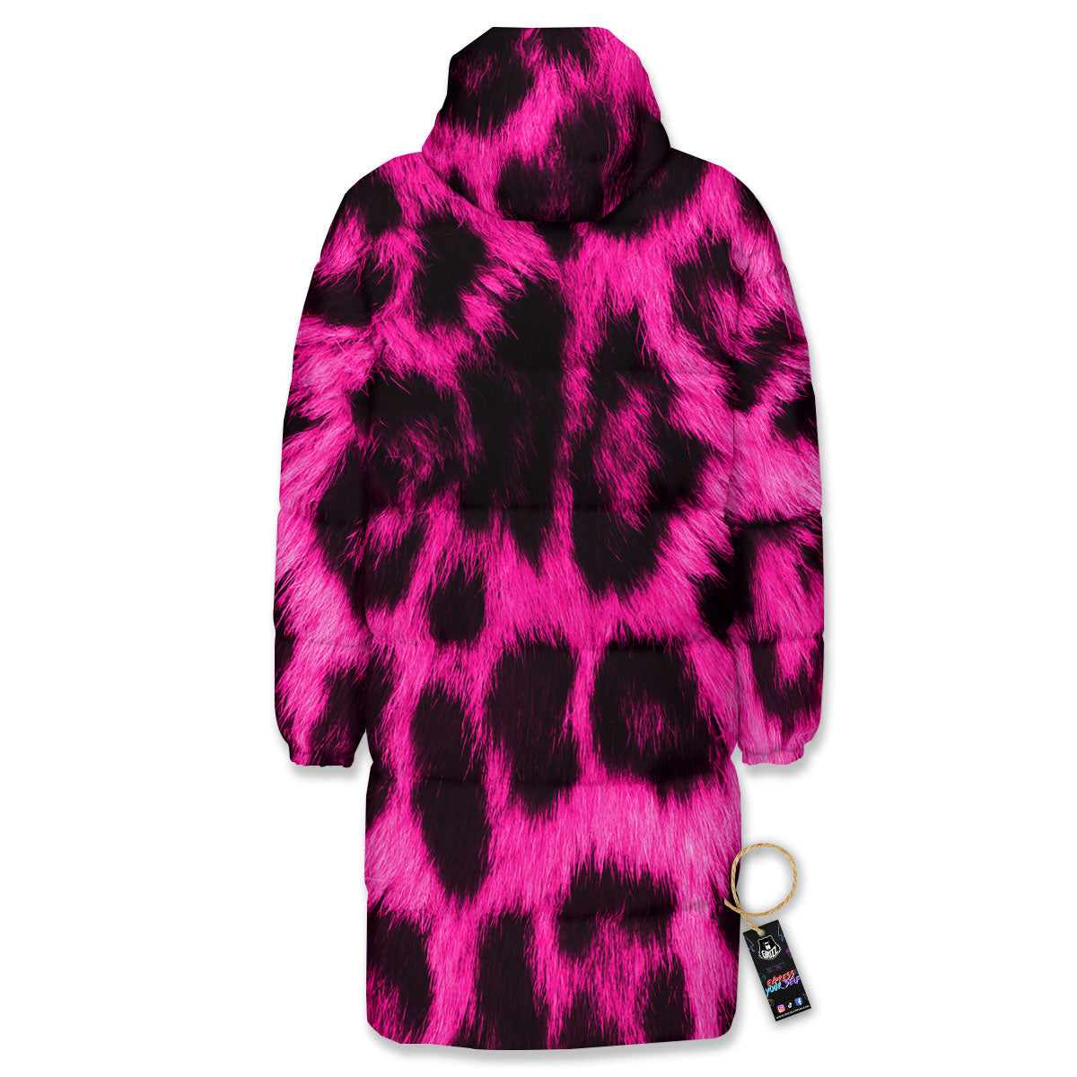 Black Cheetah And Hot Pink Print Long Down Jacket-grizzshop
