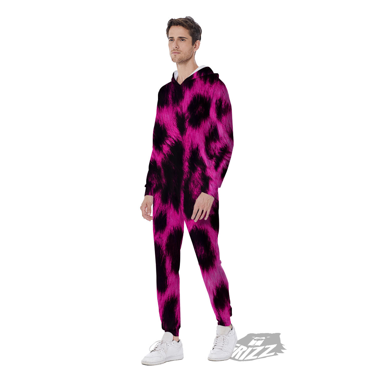 Black Cheetah And Hot Pink Print Men's Jumpsuit-grizzshop