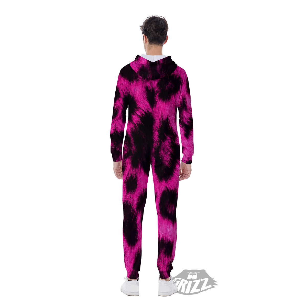 Black Cheetah And Hot Pink Print Men's Jumpsuit-grizzshop