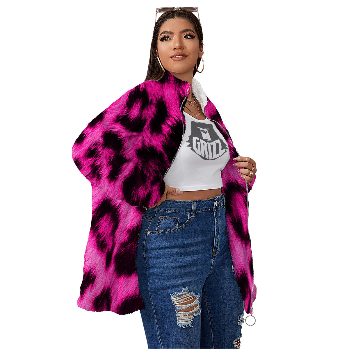 Black Cheetah And Hot Pink Print Women's Sherpa Jacket-grizzshop