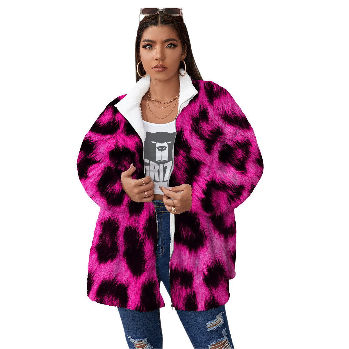 Black Cheetah And Hot Pink Print Women's Sherpa Jacket-grizzshop