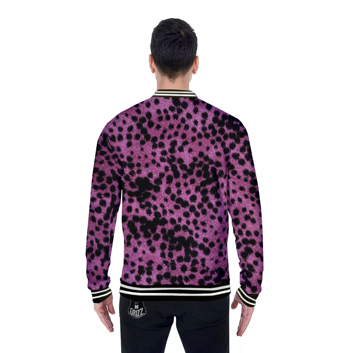 Black Cheetah And Hot Purple Print Baseball Jacket-grizzshop