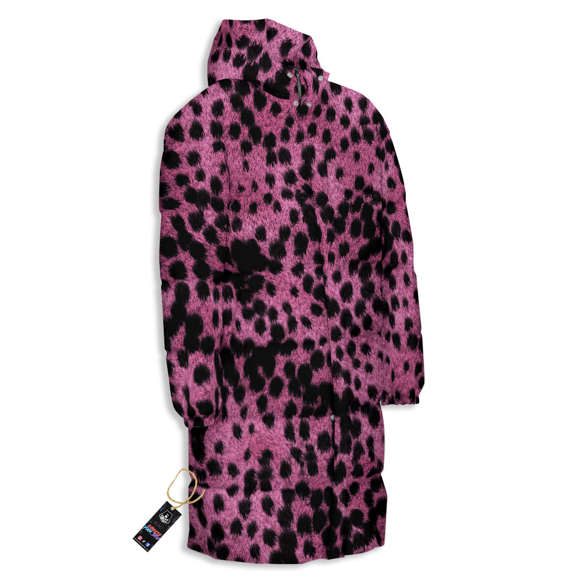 Black Cheetah And Hot Purple Print Long Down Jacket-grizzshop