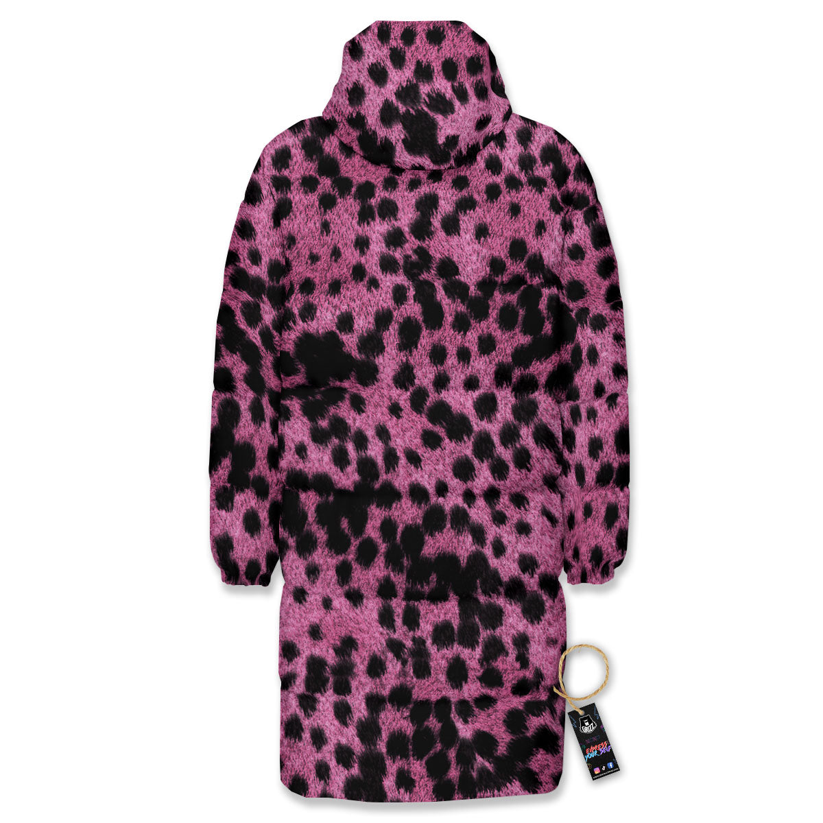 Black Cheetah And Hot Purple Print Long Down Jacket-grizzshop