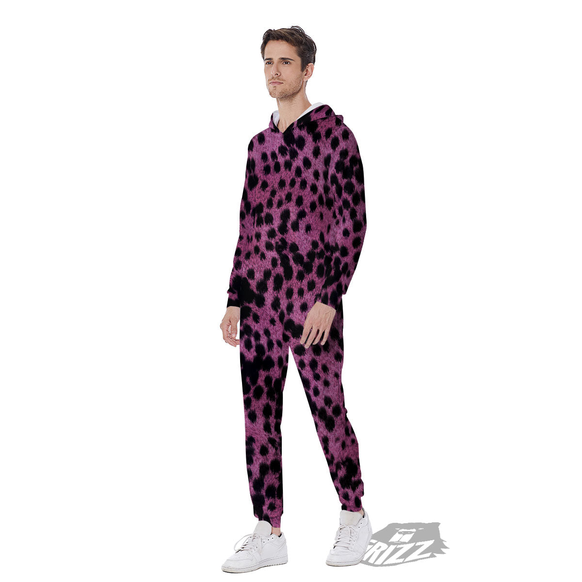 Black Cheetah And Hot Purple Print Men's Jumpsuit-grizzshop