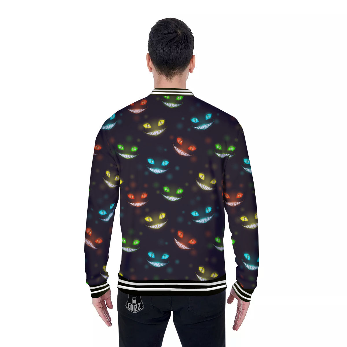 Black Cheshire Cat Print Pattern Baseball Jacket-grizzshop