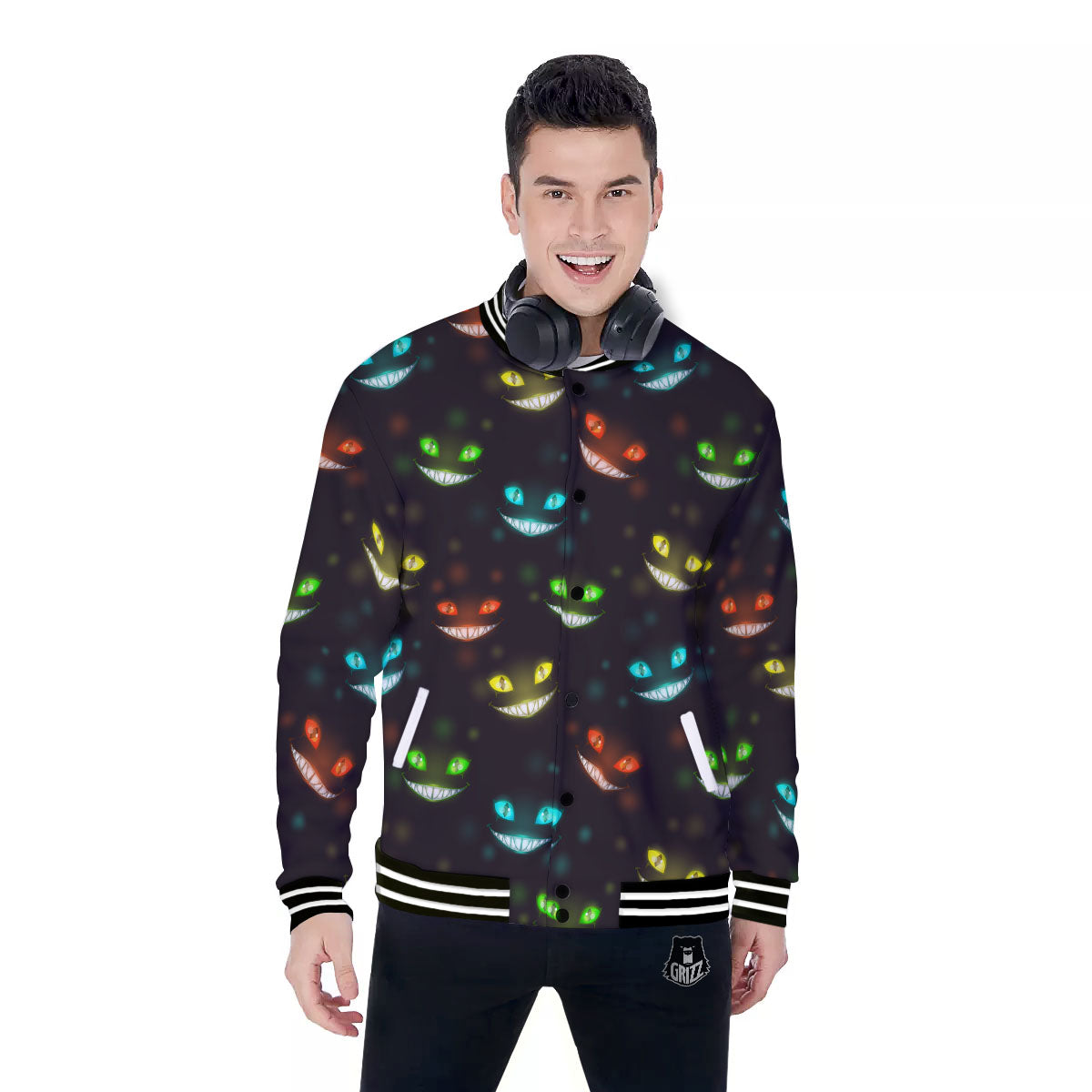 Black Cheshire Cat Print Pattern Baseball Jacket-grizzshop
