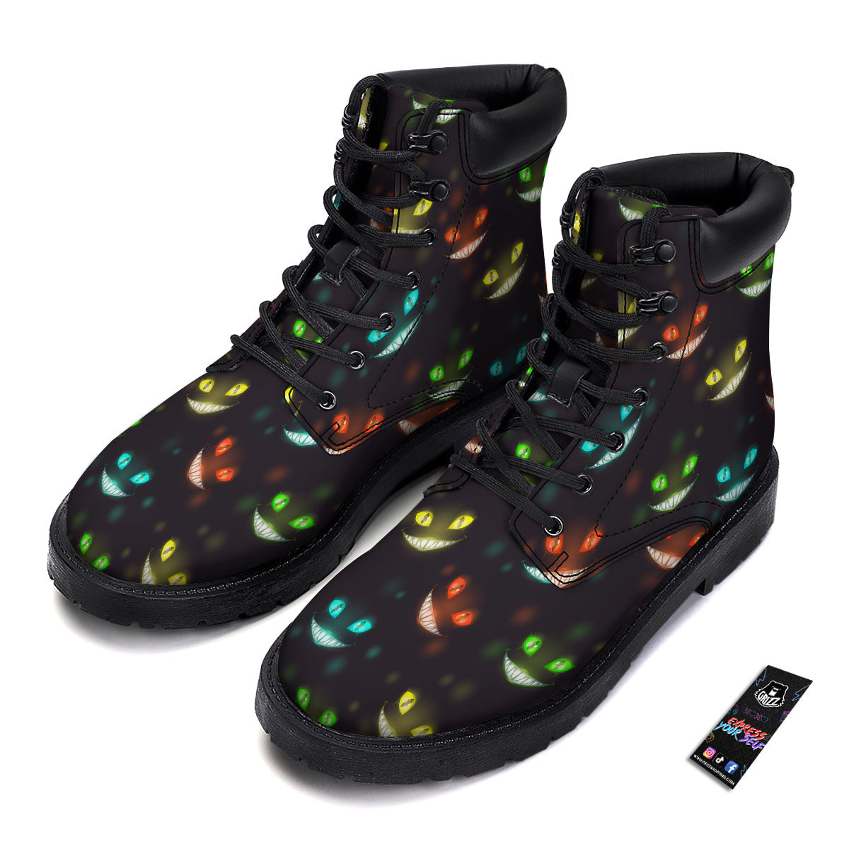 Black Cheshire Cat Print Pattern Boots-grizzshop