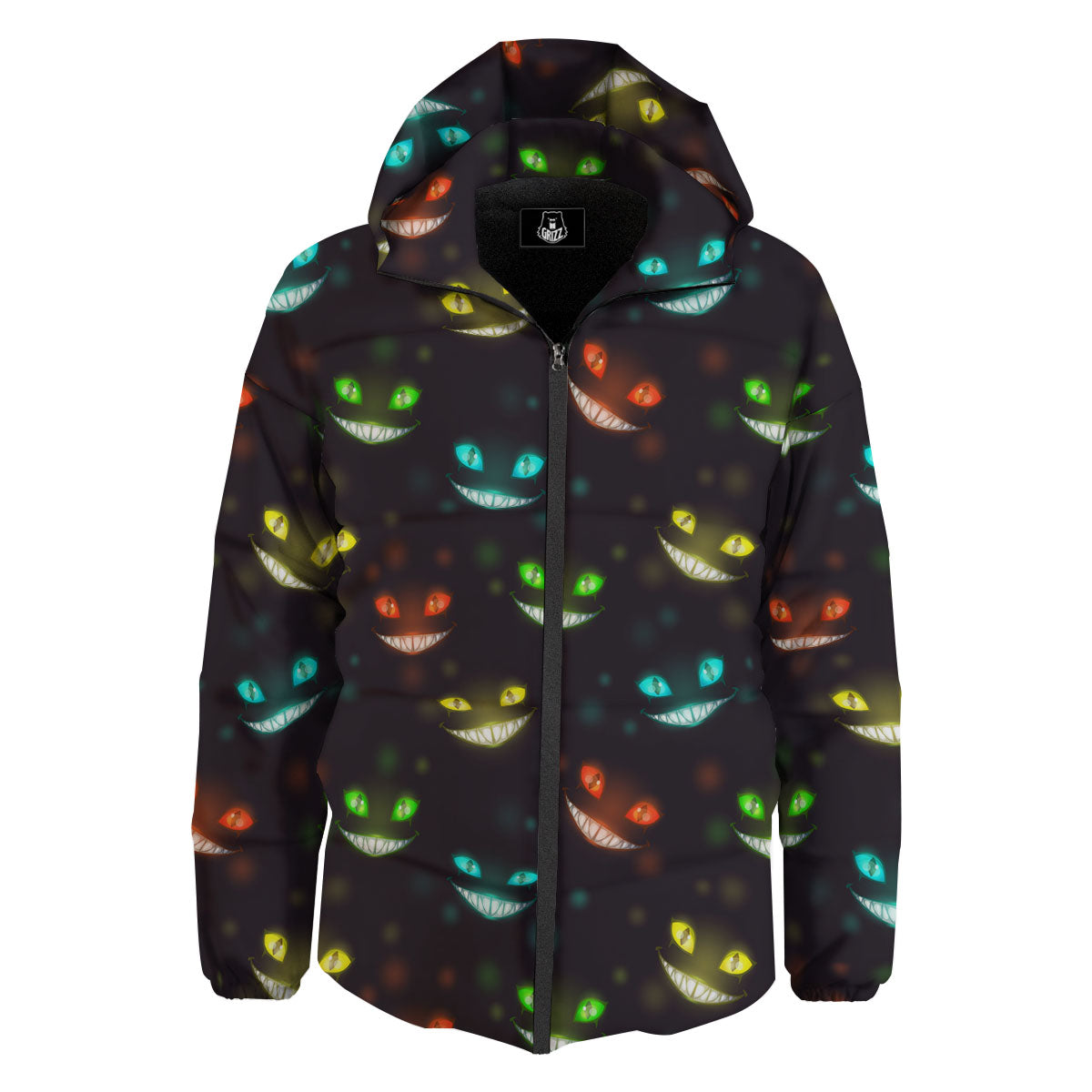 Black Cheshire Cat Print Pattern Down Jacket-grizzshop