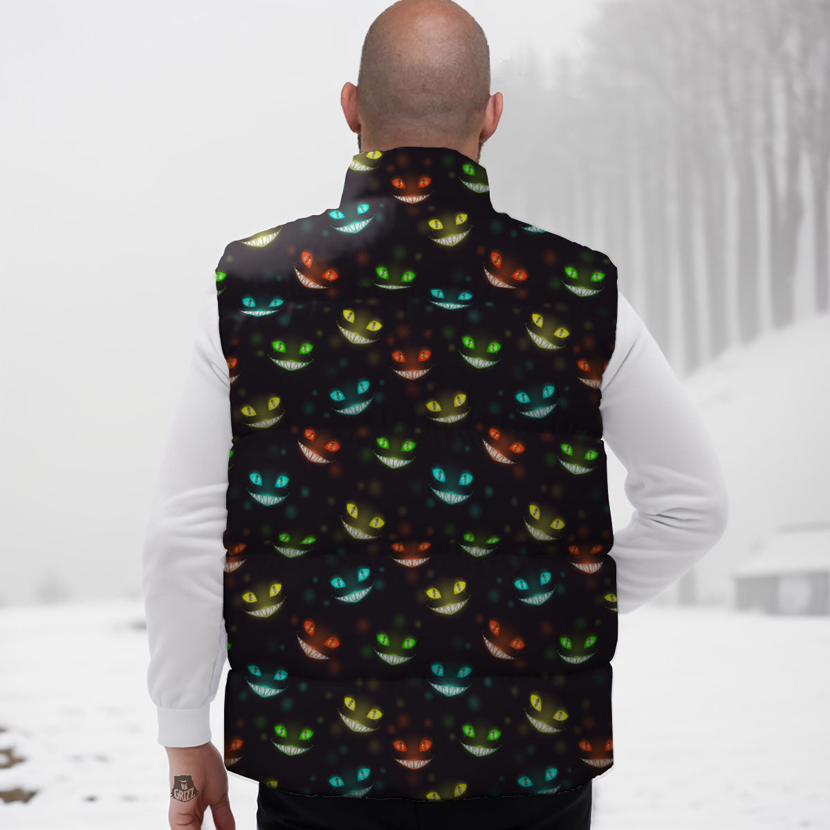 Black Cheshire Cat Print Pattern Down Vest-grizzshop