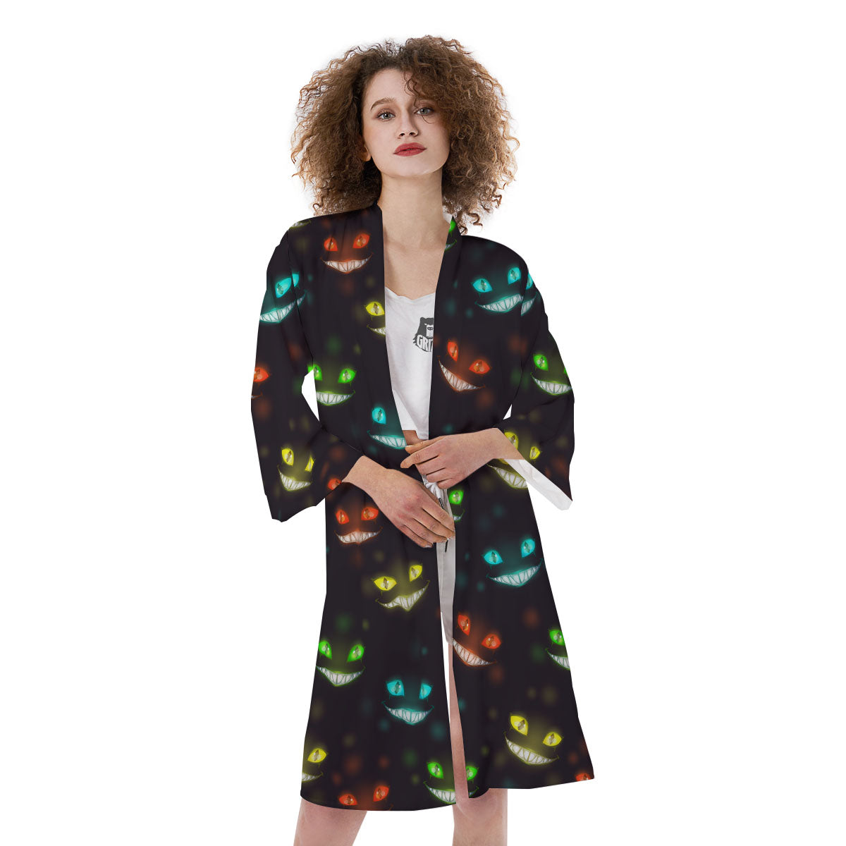 Black Cheshire Cat Print Pattern Kimono-grizzshop