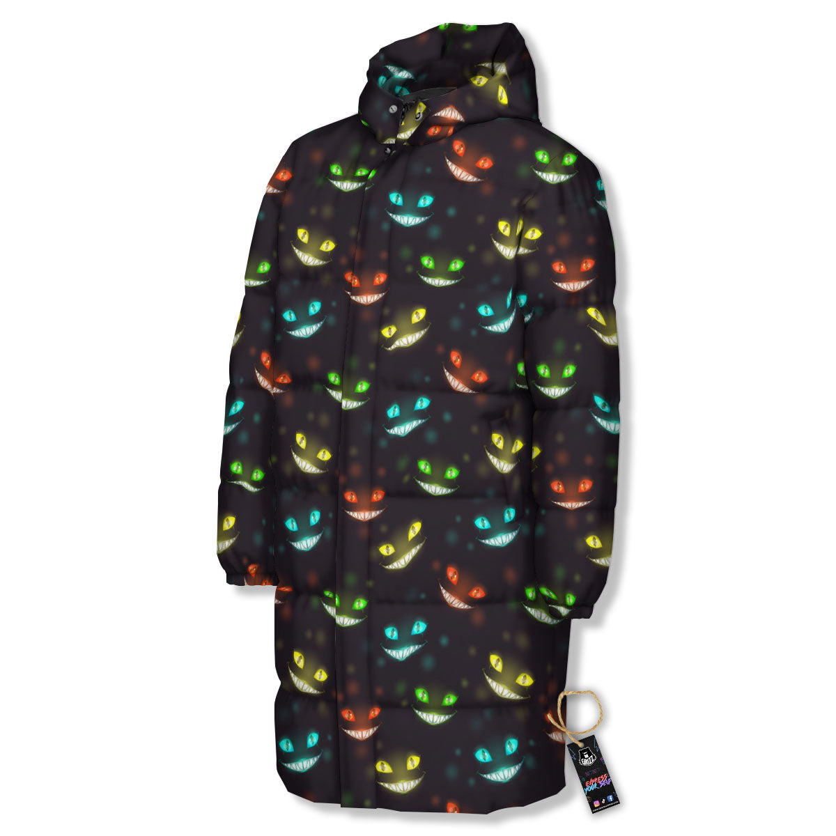 Black Cheshire Cat Print Pattern Long Down Jacket-grizzshop