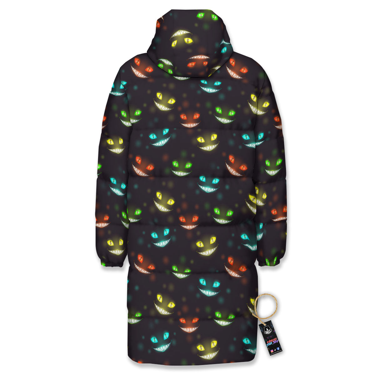 Black Cheshire Cat Print Pattern Long Down Jacket-grizzshop