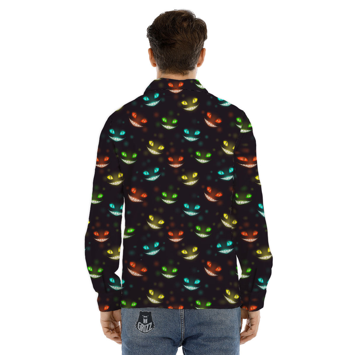 Black Cheshire Cat Print Pattern Men's Dress Shirts-grizzshop