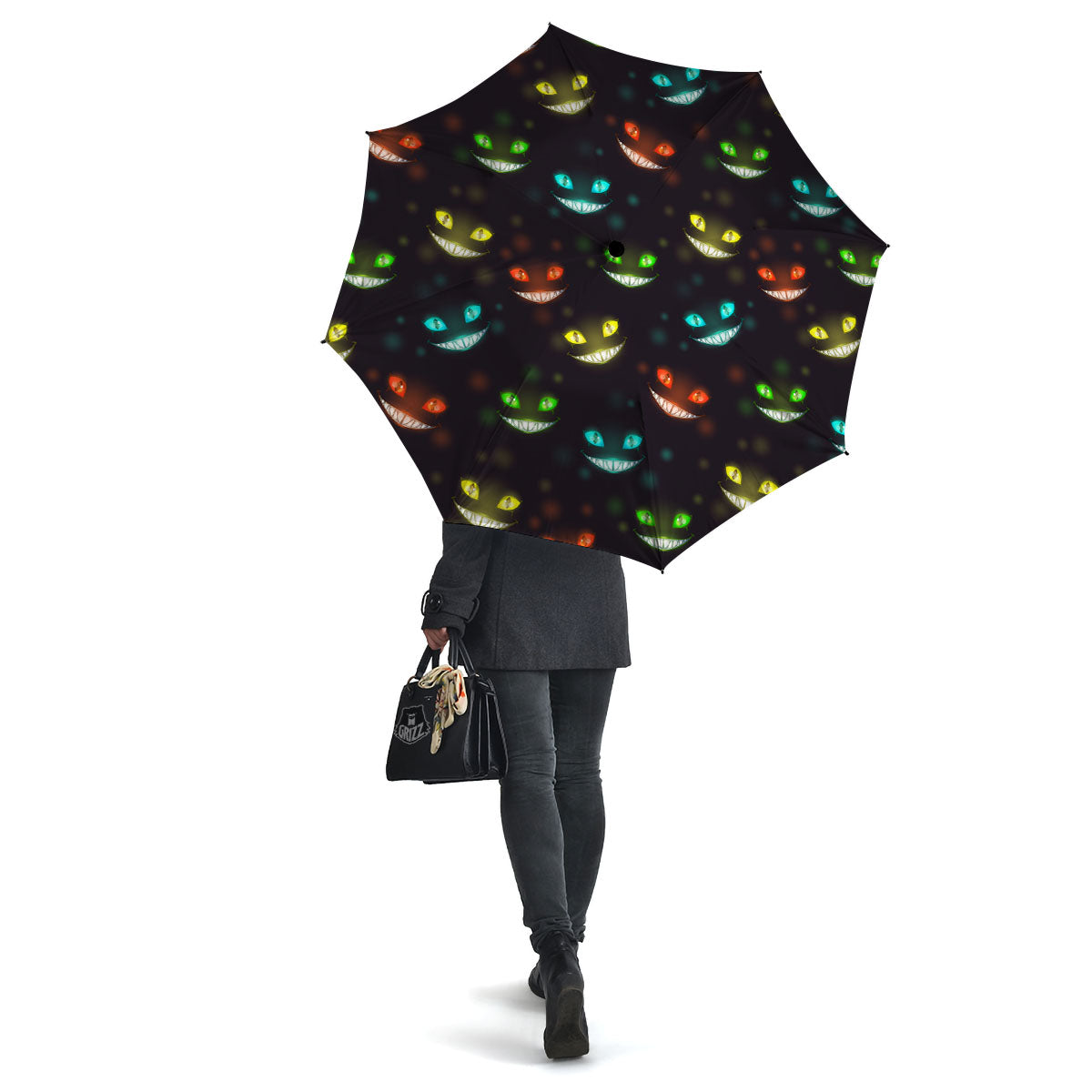 Black Cheshire Cat Print Pattern Umbrella-grizzshop