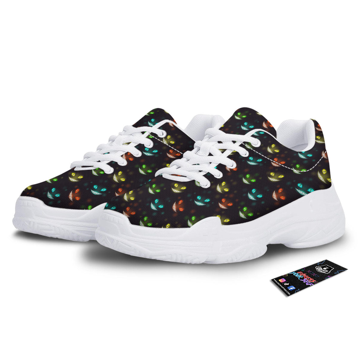Black Cheshire Cat Print Pattern White Chunky Shoes-grizzshop