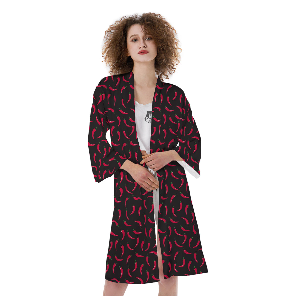 Black Chili Pepper Print Pattern Kimono-grizzshop
