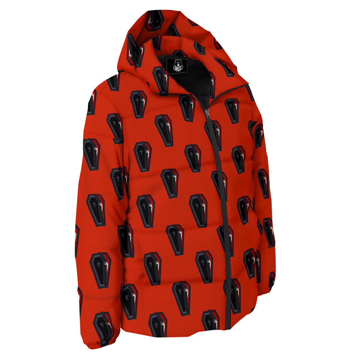 Black Coffin Red Print Pattern Down Jacket-grizzshop