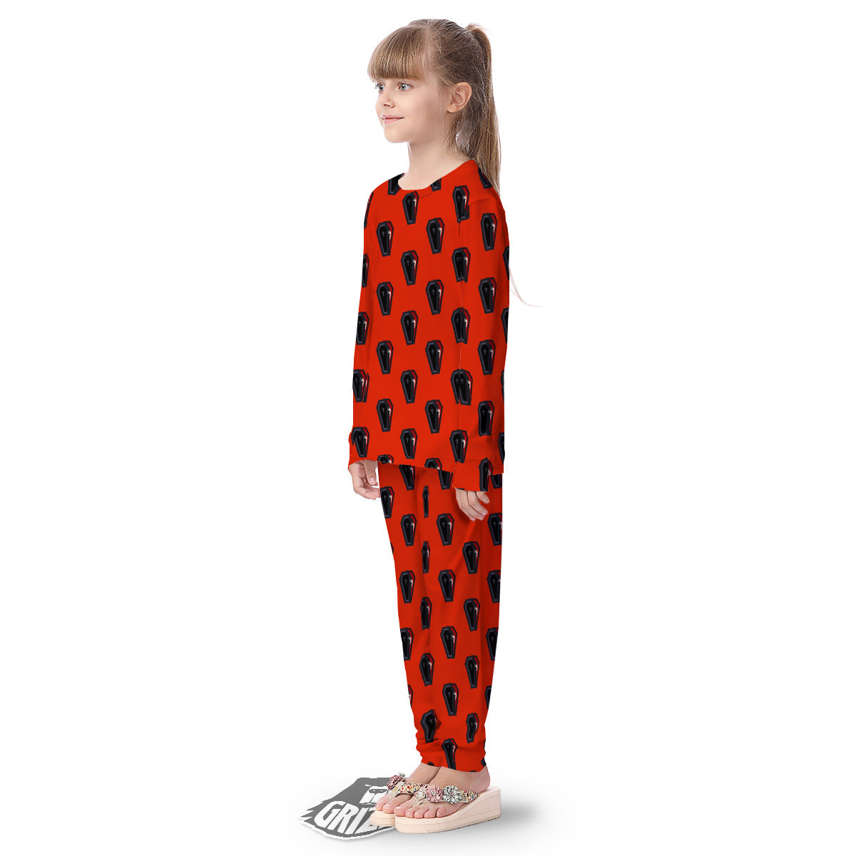 Black Coffin Red Print Pattern Kid's Pajamas-grizzshop
