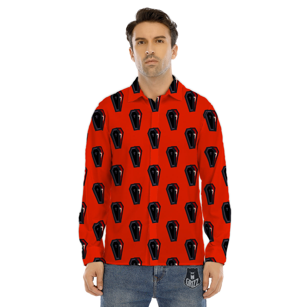 Black Coffin Red Print Pattern Men's Dress Shirts-grizzshop