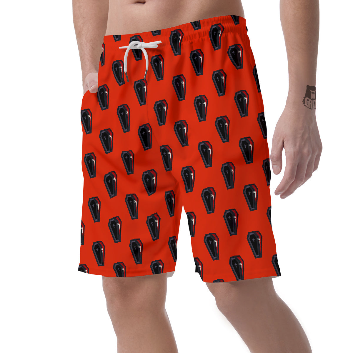 Black Coffin Red Print Pattern Men's Shorts-grizzshop