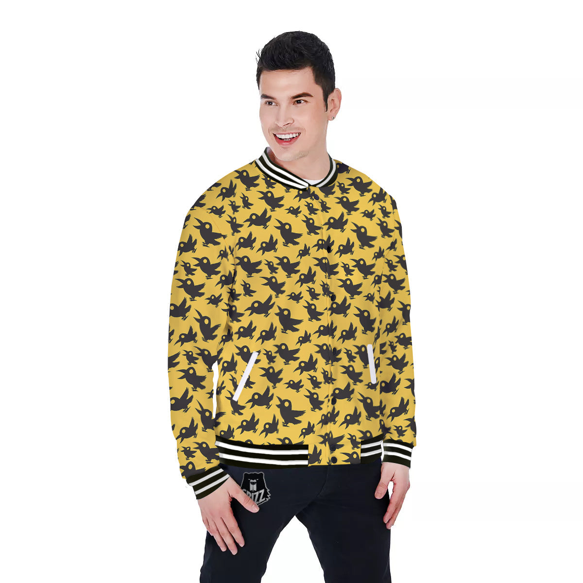 Black Crow Yellow Print Pattern Baseball Jacket-grizzshop