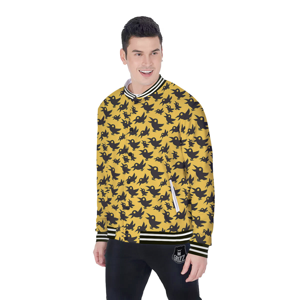 Black Crow Yellow Print Pattern Baseball Jacket-grizzshop