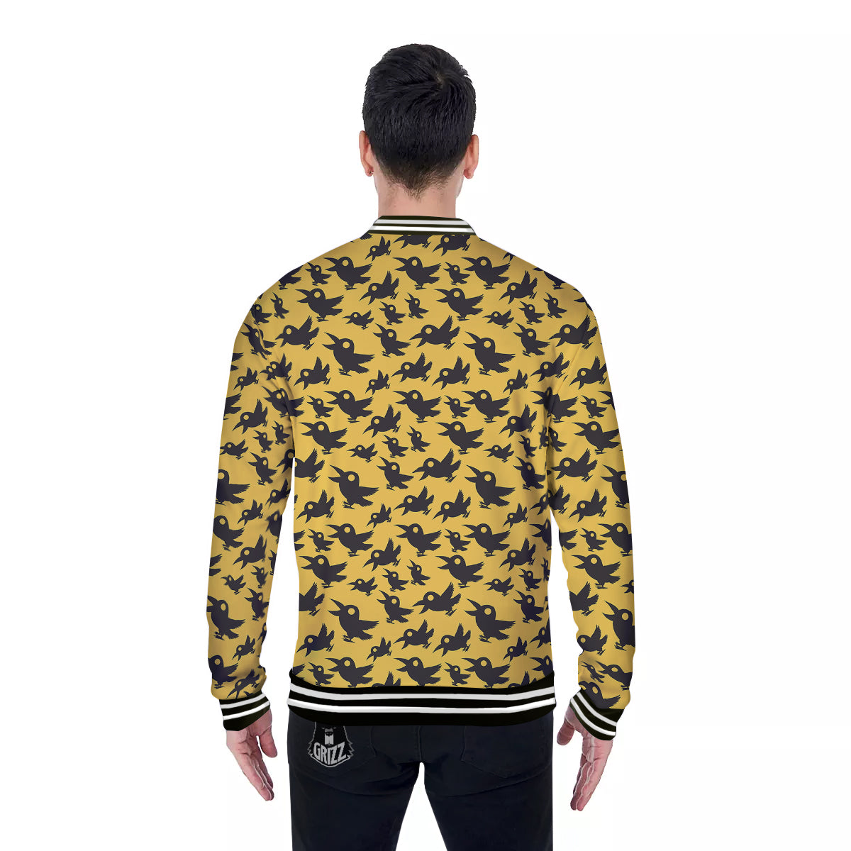 Black Crow Yellow Print Pattern Baseball Jacket-grizzshop