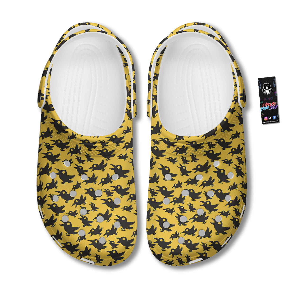 Black Crow Yellow Print Pattern Clog-grizzshop