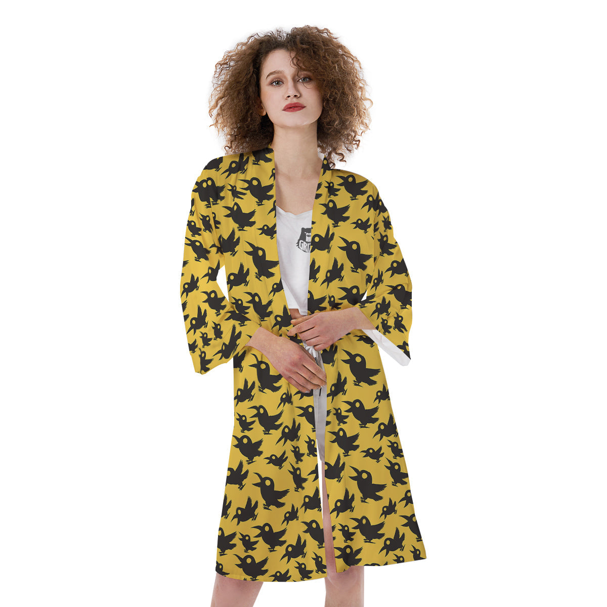 Black Crow Yellow Print Pattern Kimono-grizzshop