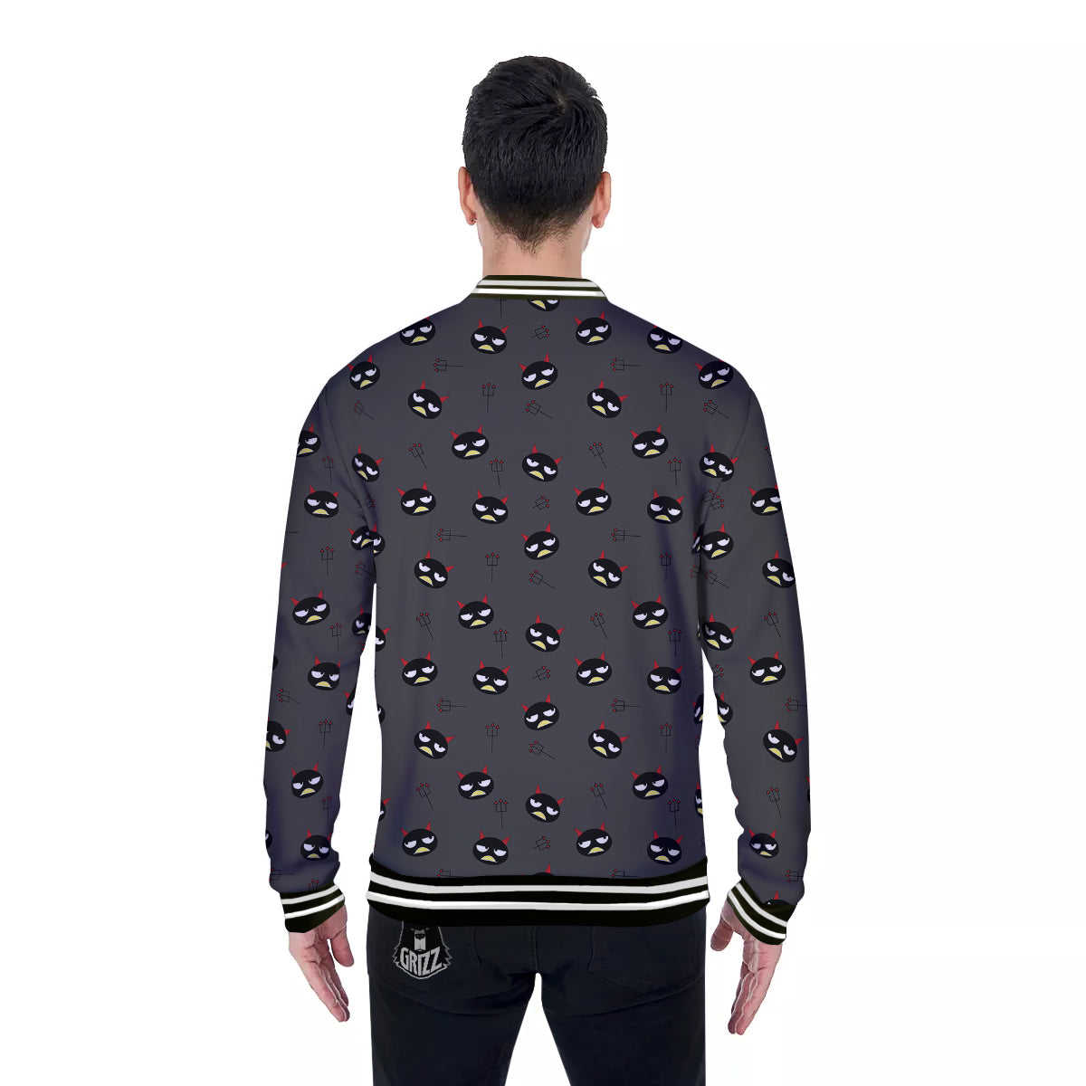 Black Demon Cartoon Print Pattern Baseball Jacket-grizzshop