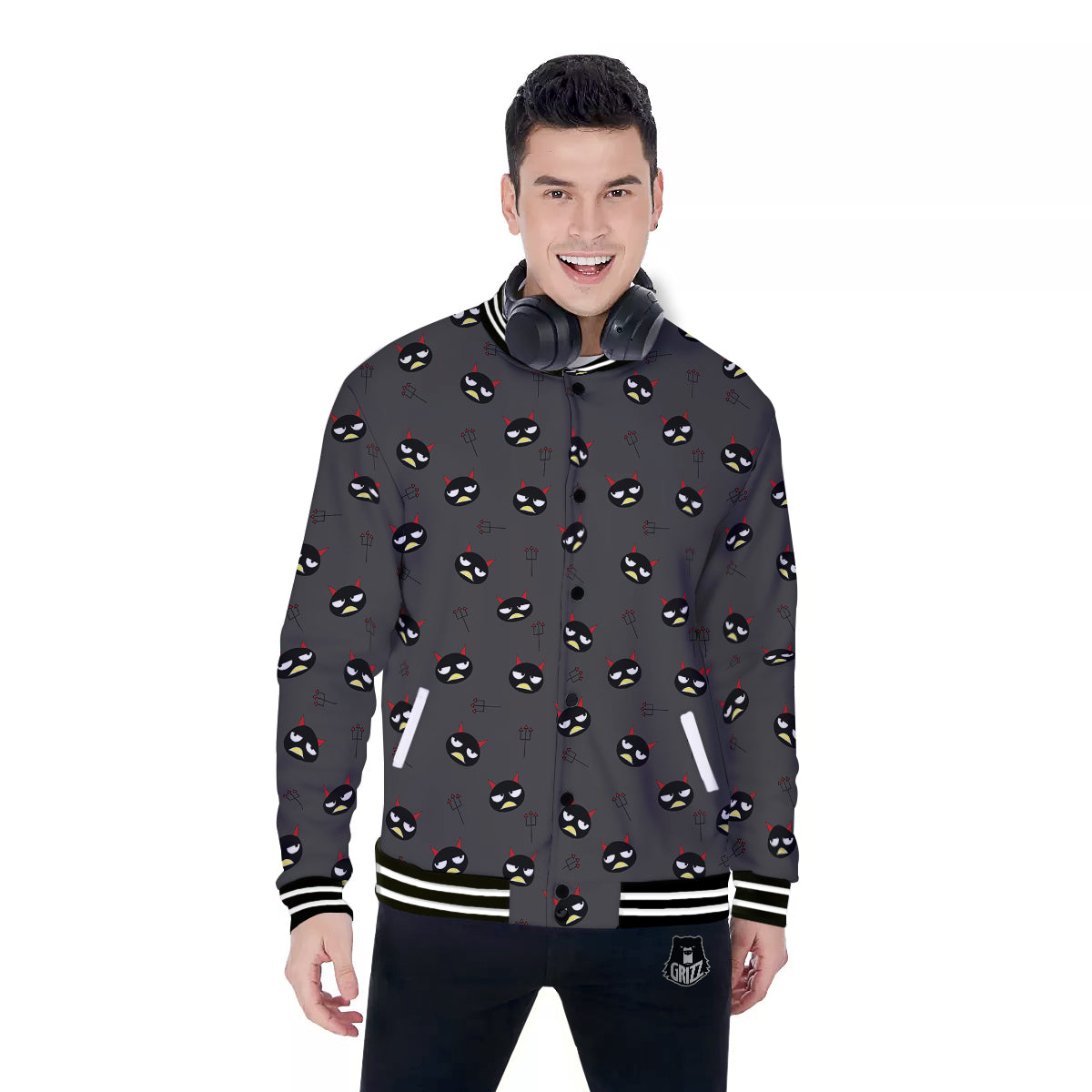 Black Demon Cartoon Print Pattern Baseball Jacket-grizzshop