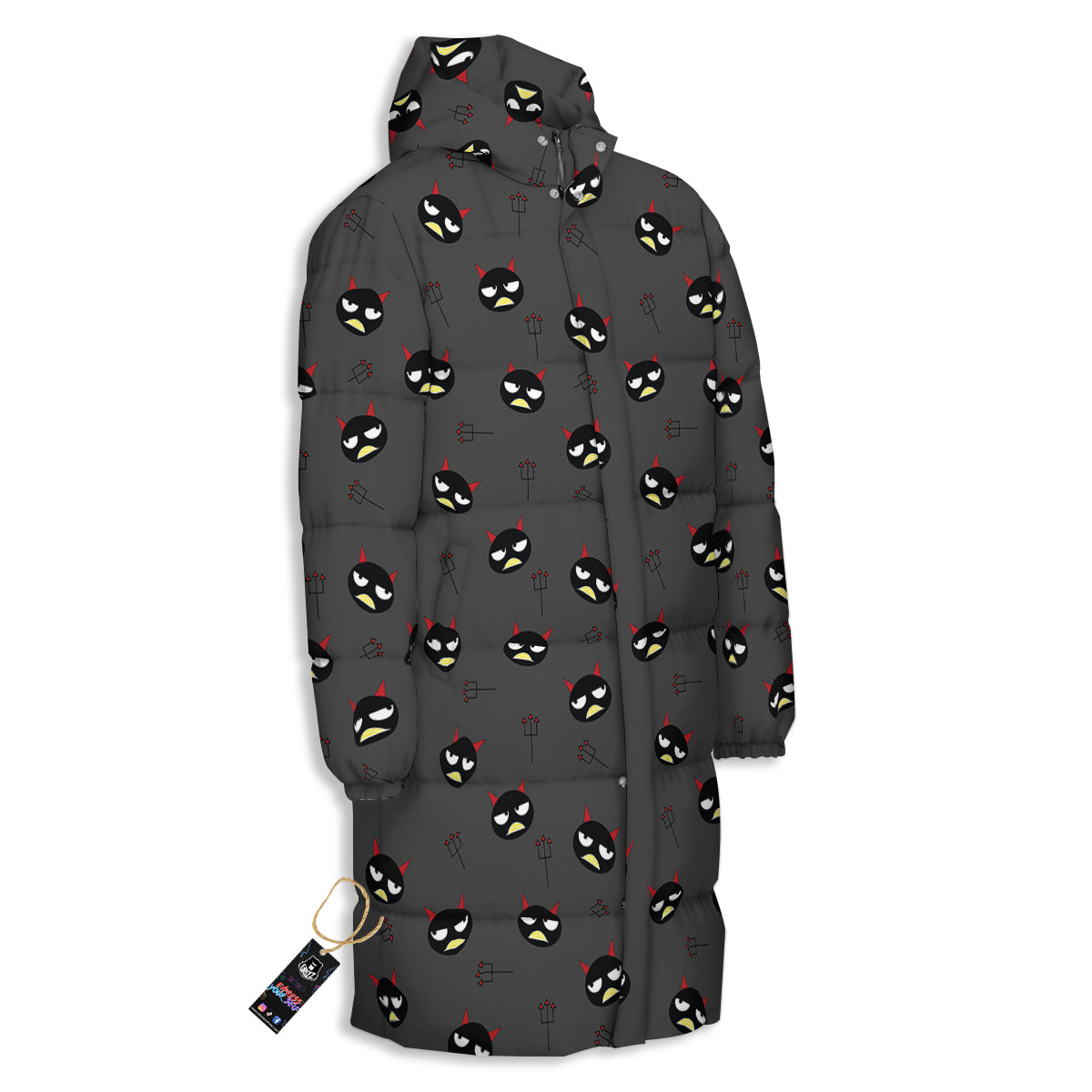 Black Demon Cartoon Print Pattern Long Down Jacket-grizzshop