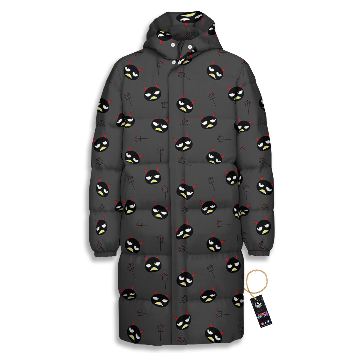 Black Demon Cartoon Print Pattern Long Down Jacket-grizzshop