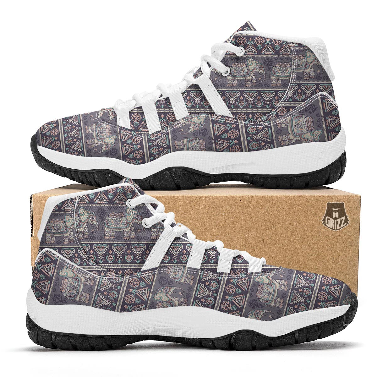 Black Elephant Aztec Pattern Prints White Bball Shoes-grizzshop