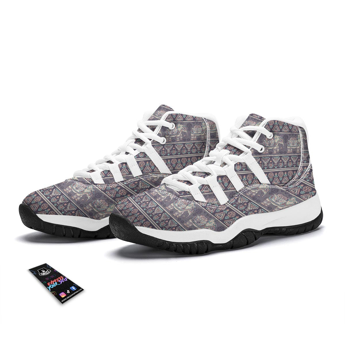 Black Elephant Aztec Pattern Prints White Bball Shoes-grizzshop