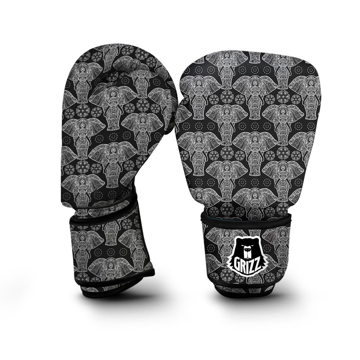 Black Elephant Mandala Print Boxing Gloves-grizzshop