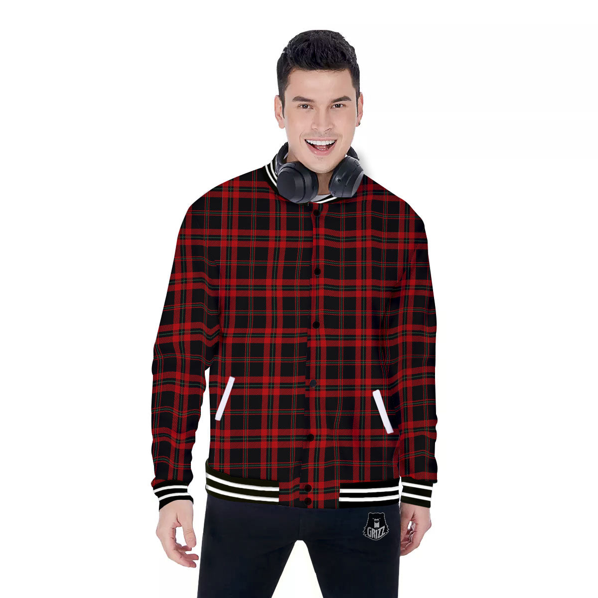 Black Green And Red Tartan Print Pattern Baseball Jacket-grizzshop